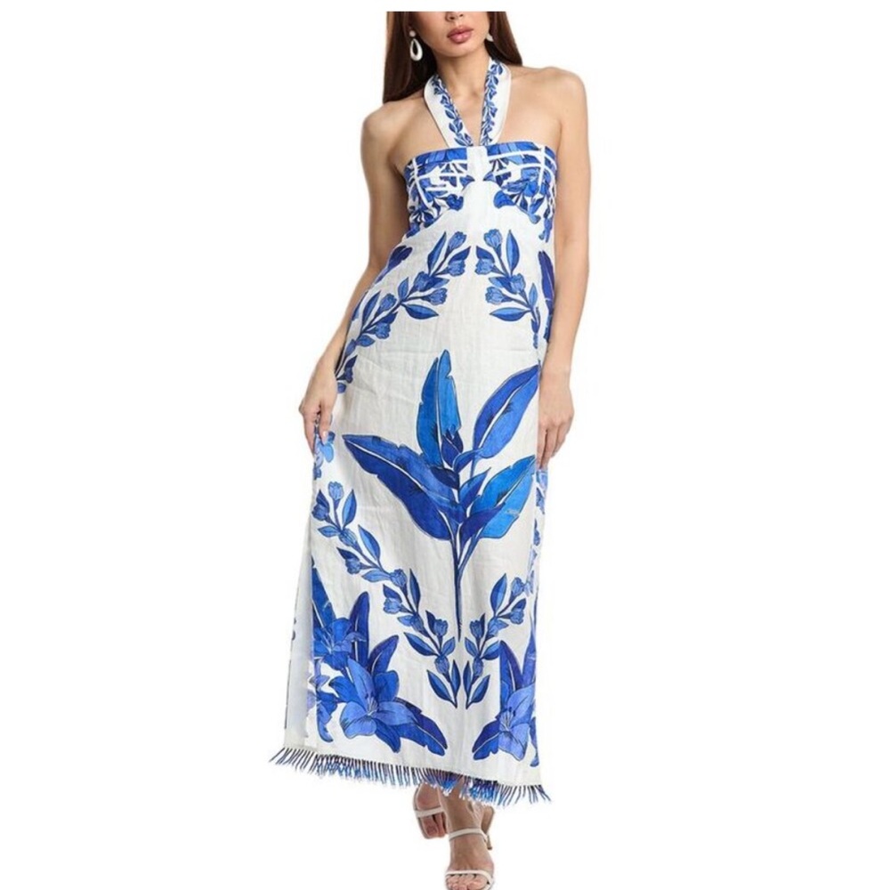 Farm Rio Womens  Yard Linen Maxi Dress, Blue